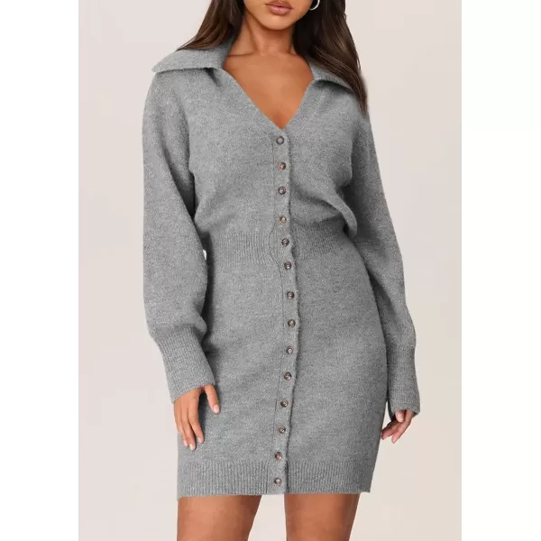 imagePRETTYGARDEN Womens Fall Sweater Dress Long Sleeve V Neck Button Down Knit Pullover Short DressesGrey