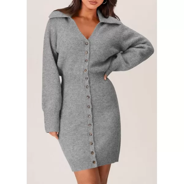 imagePRETTYGARDEN Womens Fall Sweater Dress Long Sleeve V Neck Button Down Knit Pullover Short DressesGrey
