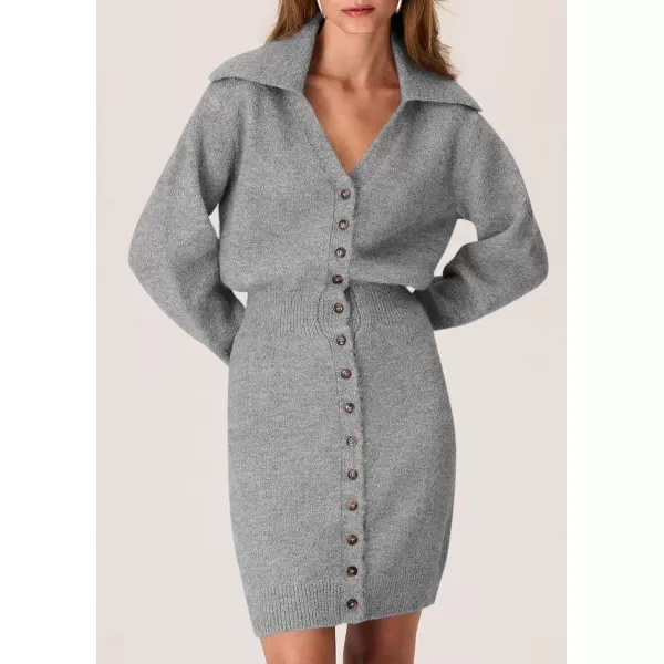 imagePRETTYGARDEN Womens Fall Sweater Dress Long Sleeve V Neck Button Down Knit Pullover Short DressesGrey