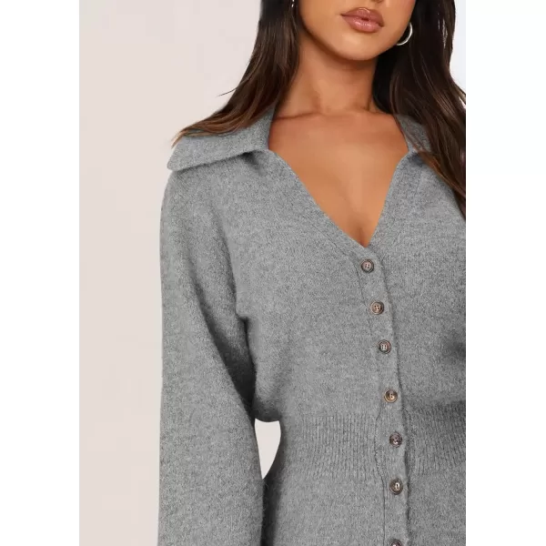imagePRETTYGARDEN Womens Fall Sweater Dress Long Sleeve V Neck Button Down Knit Pullover Short DressesGrey