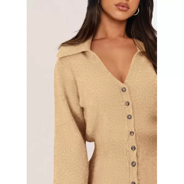 imagePRETTYGARDEN Womens Fall Sweater Dress Long Sleeve V Neck Button Down Knit Pullover Short DressesKhaki