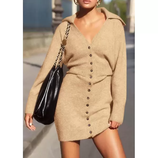 imagePRETTYGARDEN Womens Fall Sweater Dress Long Sleeve V Neck Button Down Knit Pullover Short DressesKhaki