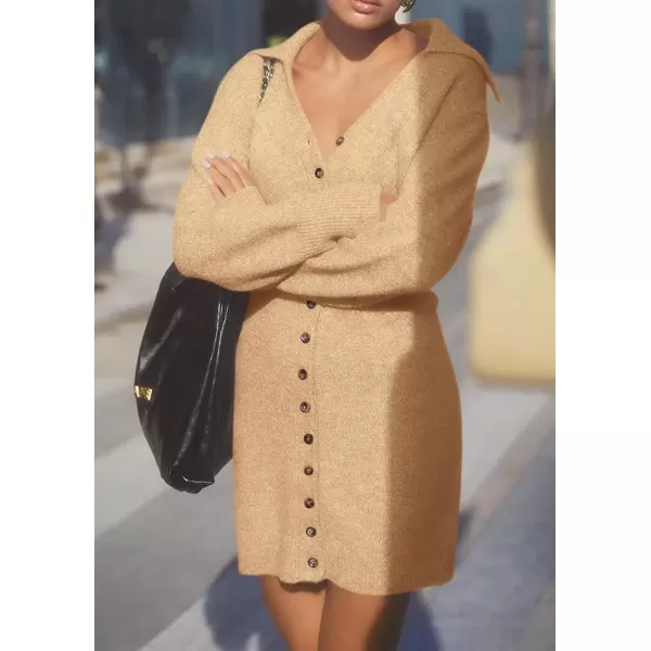 imagePRETTYGARDEN Womens Fall Sweater Dress Long Sleeve V Neck Button Down Knit Pullover Short DressesKhaki