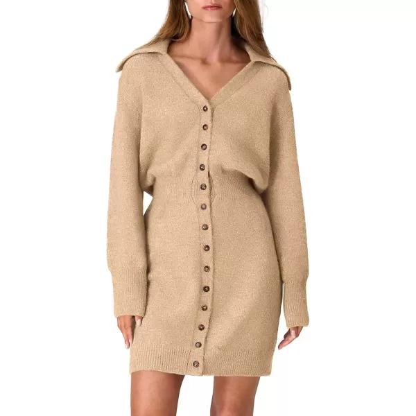 imagePRETTYGARDEN Womens Fall Sweater Dress Long Sleeve V Neck Button Down Knit Pullover Short DressesKhaki