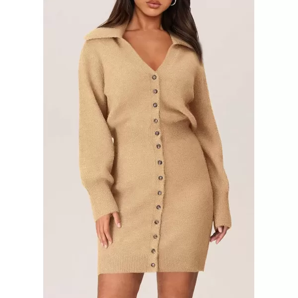 imagePRETTYGARDEN Womens Fall Sweater Dress Long Sleeve V Neck Button Down Knit Pullover Short DressesKhaki