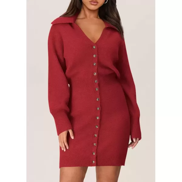 imagePRETTYGARDEN Womens Fall Sweater Dress Long Sleeve V Neck Button Down Knit Pullover Short DressesRed