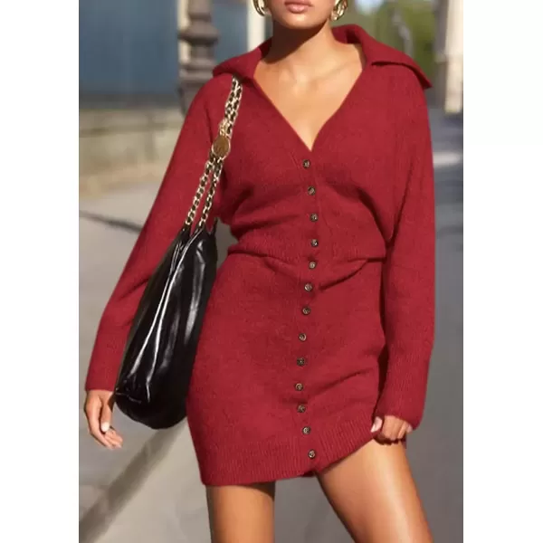 imagePRETTYGARDEN Womens Fall Sweater Dress Long Sleeve V Neck Button Down Knit Pullover Short DressesRed