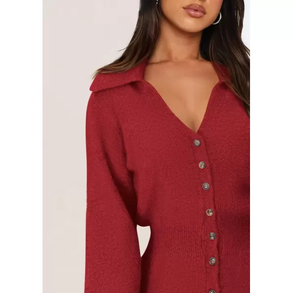 imagePRETTYGARDEN Womens Fall Sweater Dress Long Sleeve V Neck Button Down Knit Pullover Short DressesRed