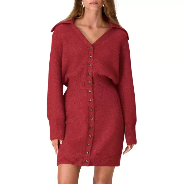 imagePRETTYGARDEN Womens Fall Sweater Dress Long Sleeve V Neck Button Down Knit Pullover Short DressesRed