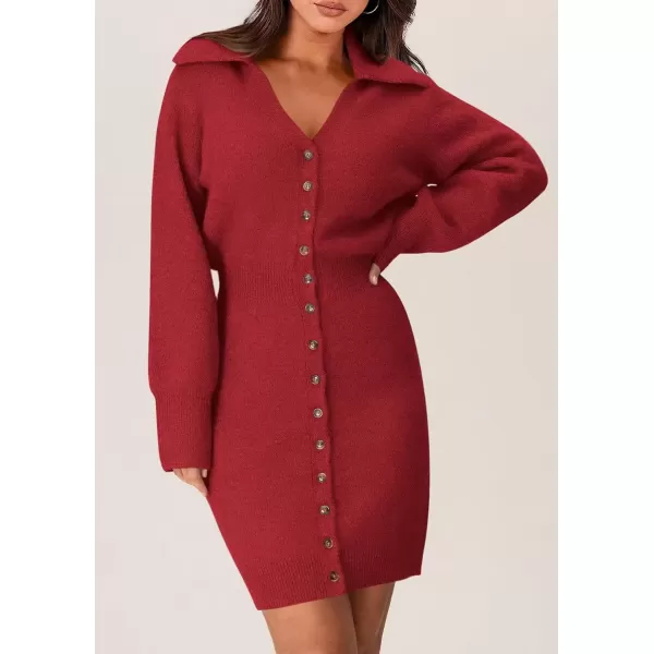 imagePRETTYGARDEN Womens Fall Sweater Dress Long Sleeve V Neck Button Down Knit Pullover Short DressesRed