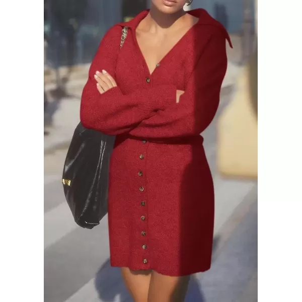 imagePRETTYGARDEN Womens Fall Sweater Dress Long Sleeve V Neck Button Down Knit Pullover Short DressesRed