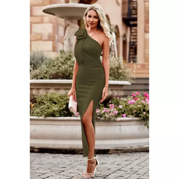 imagePRETTYGARDEN Womens Summer One Shoulder Long Formal Dresses Sleeveless Ruched Bodycon Wedding Guest Slit Maxi DressArmy Green