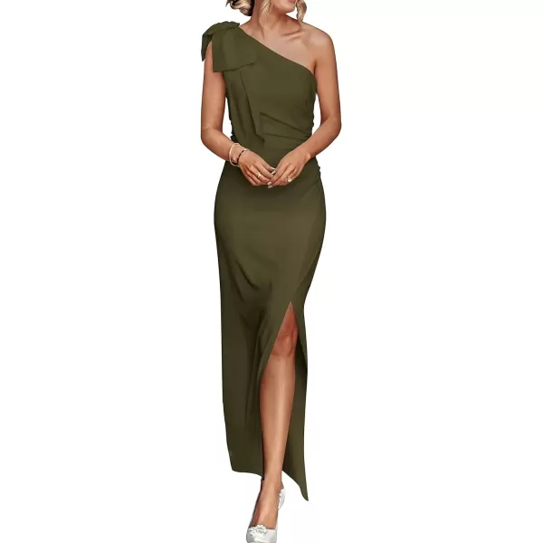 imagePRETTYGARDEN Womens Summer One Shoulder Long Formal Dresses Sleeveless Ruched Bodycon Wedding Guest Slit Maxi DressArmy Green