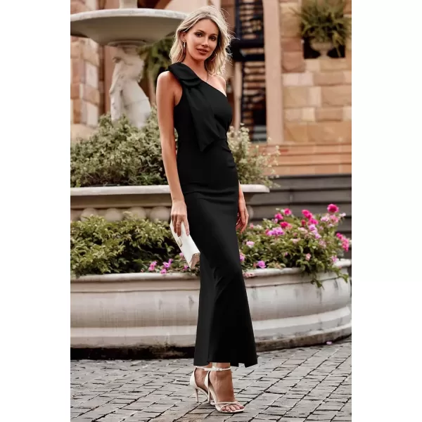 imagePRETTYGARDEN Womens Summer One Shoulder Long Formal Dresses Sleeveless Ruched Bodycon Wedding Guest Slit Maxi DressBlack