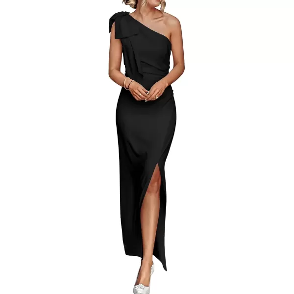 imagePRETTYGARDEN Womens Summer One Shoulder Long Formal Dresses Sleeveless Ruched Bodycon Wedding Guest Slit Maxi DressBlack