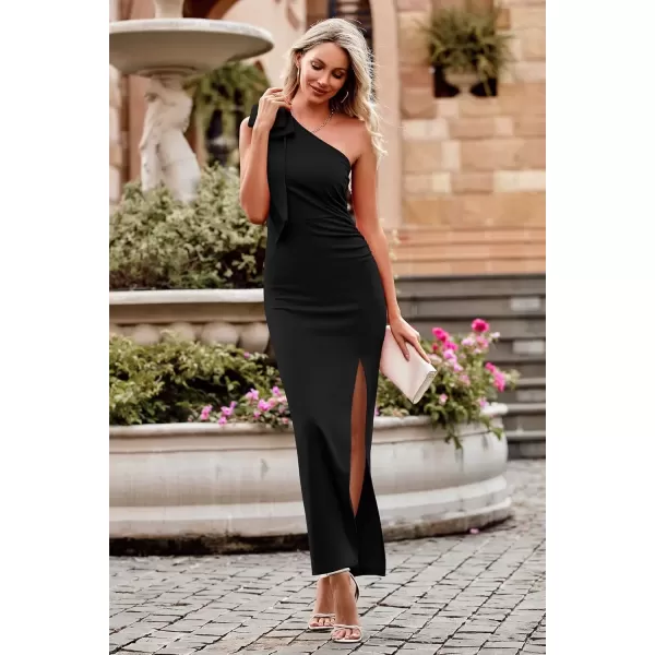 imagePRETTYGARDEN Womens Summer One Shoulder Long Formal Dresses Sleeveless Ruched Bodycon Wedding Guest Slit Maxi DressBlack