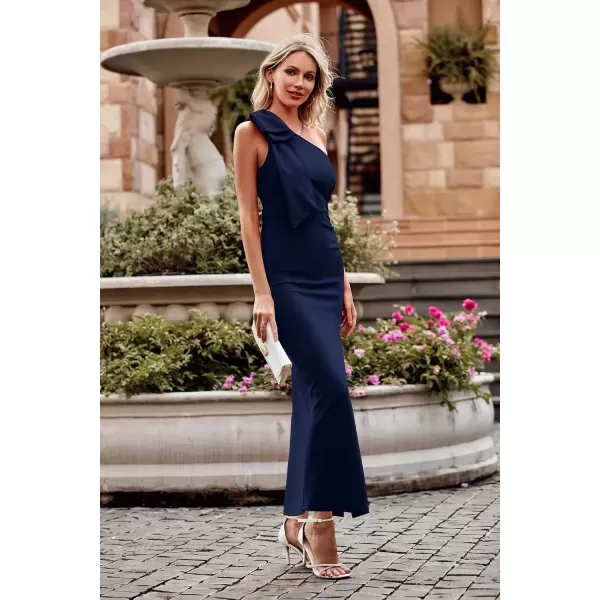 imagePRETTYGARDEN Womens Summer One Shoulder Long Formal Dresses Sleeveless Ruched Bodycon Wedding Guest Slit Maxi DressNavy