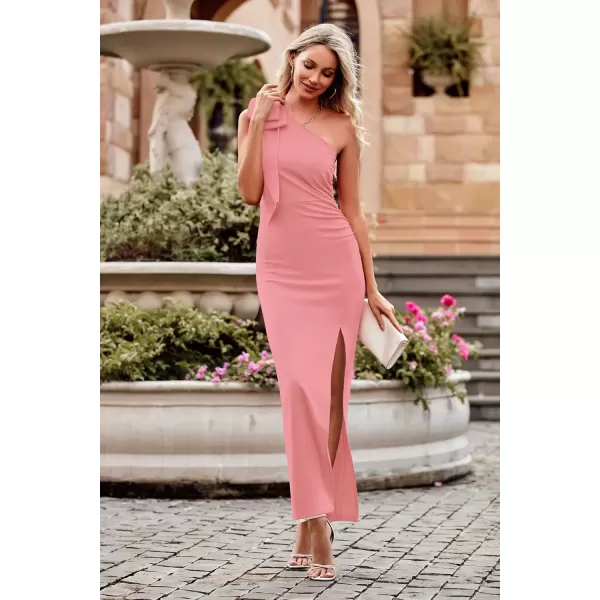 imagePRETTYGARDEN Womens Summer One Shoulder Long Formal Dresses Sleeveless Ruched Bodycon Wedding Guest Slit Maxi DressNude Pink