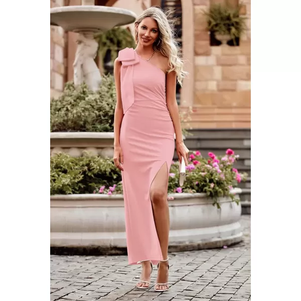 imagePRETTYGARDEN Womens Summer One Shoulder Long Formal Dresses Sleeveless Ruched Bodycon Wedding Guest Slit Maxi DressPink
