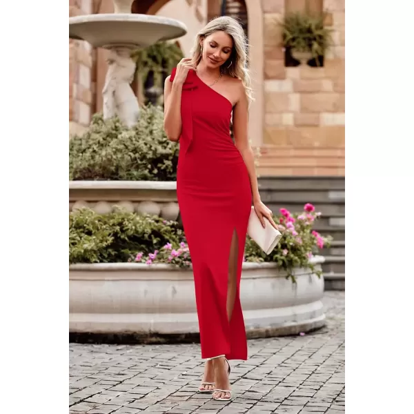 imagePRETTYGARDEN Womens Summer One Shoulder Long Formal Dresses Sleeveless Ruched Bodycon Wedding Guest Slit Maxi DressRed