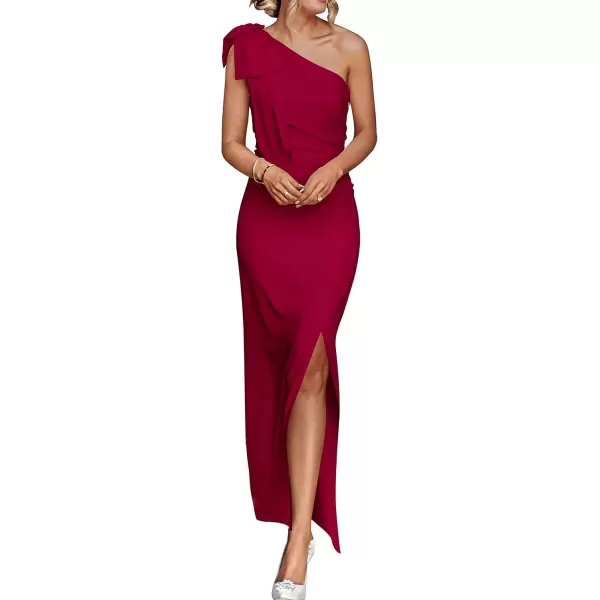imagePRETTYGARDEN Womens Summer One Shoulder Long Formal Dresses Sleeveless Ruched Bodycon Wedding Guest Slit Maxi DressWine Red