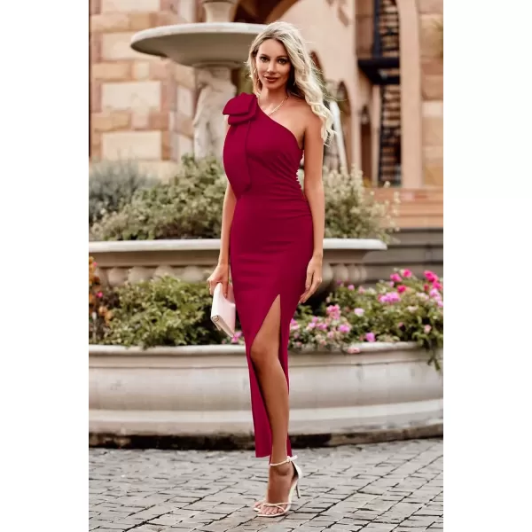 imagePRETTYGARDEN Womens Summer One Shoulder Long Formal Dresses Sleeveless Ruched Bodycon Wedding Guest Slit Maxi DressWine Red