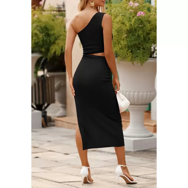 imagePRETTYGARDEN Womens 2024 Summer Midi Dress Sleeveless One Shoulder Cutout Side Slit Bodycon DressesBlack