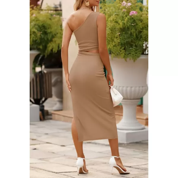 imagePRETTYGARDEN Womens 2024 Summer Midi Dress Sleeveless One Shoulder Cutout Side Slit Bodycon DressesCamel