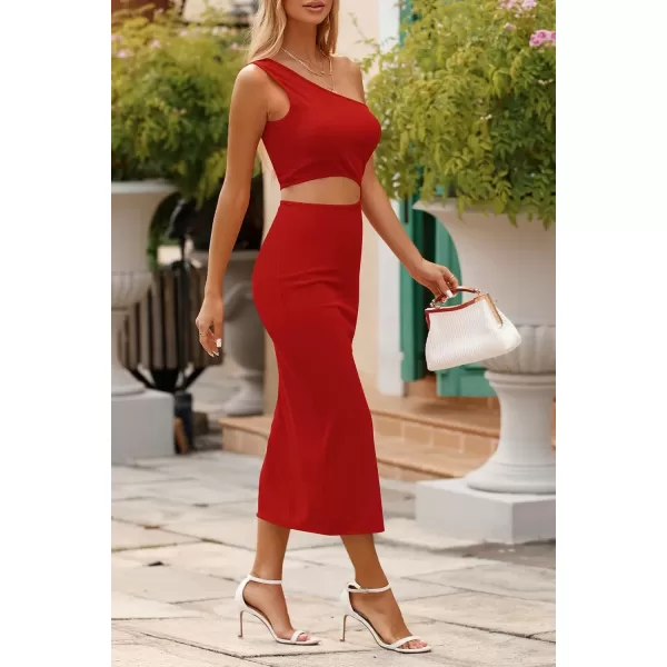 imagePRETTYGARDEN Womens 2024 Summer Midi Dress Sleeveless One Shoulder Cutout Side Slit Bodycon DressesRed