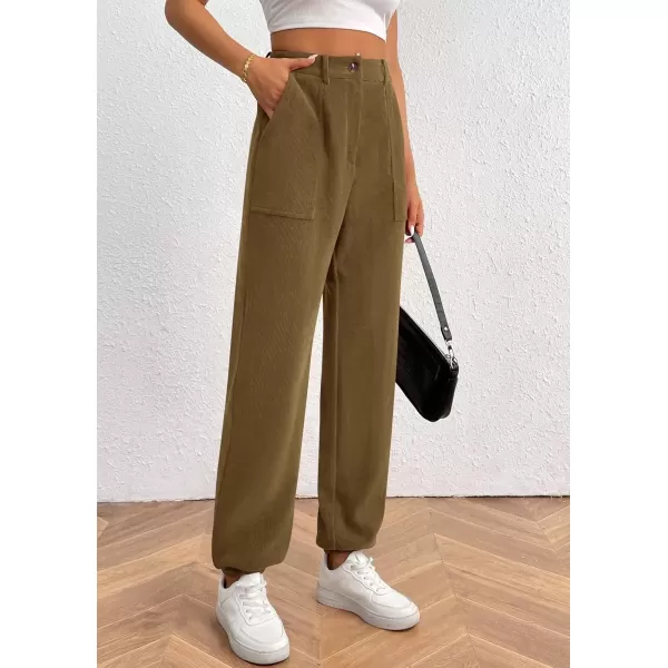 imagePRETTYGARDEN Womens Dressy Casual Pants Elastic High Waisted Work Office Corduroy Trouser Slacks with PocketsArmy Green