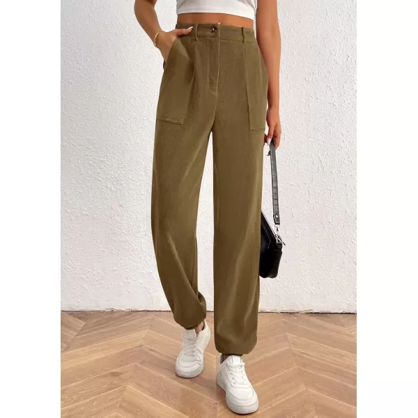 imagePRETTYGARDEN Womens Dressy Casual Pants Elastic High Waisted Work Office Corduroy Trouser Slacks with PocketsArmy Green
