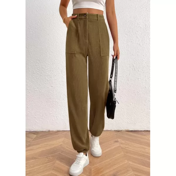 imagePRETTYGARDEN Womens Dressy Casual Pants Elastic High Waisted Work Office Corduroy Trouser Slacks with PocketsArmy Green