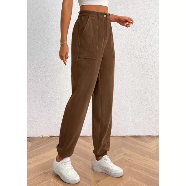 imagePRETTYGARDEN Womens Dressy Casual Pants Elastic High Waisted Work Office Corduroy Trouser Slacks with PocketsBrown