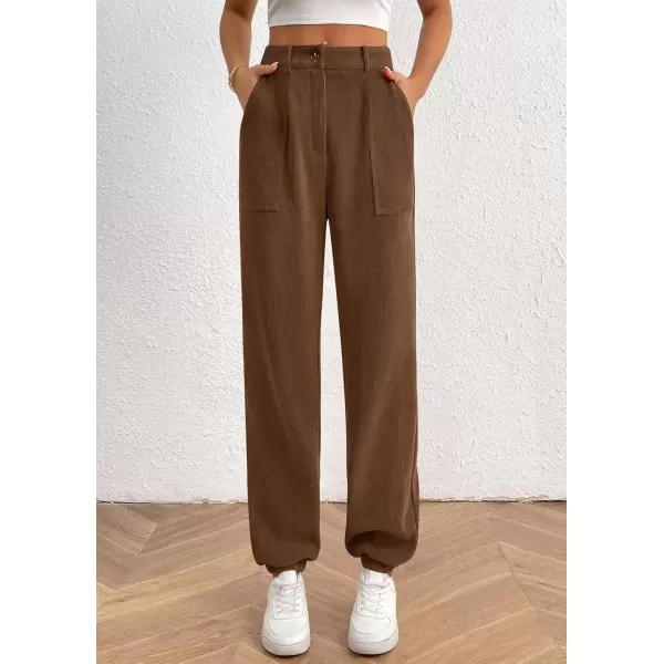 imagePRETTYGARDEN Womens Dressy Casual Pants Elastic High Waisted Work Office Corduroy Trouser Slacks with PocketsBrown