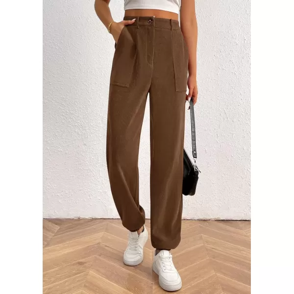 imagePRETTYGARDEN Womens Dressy Casual Pants Elastic High Waisted Work Office Corduroy Trouser Slacks with PocketsBrown