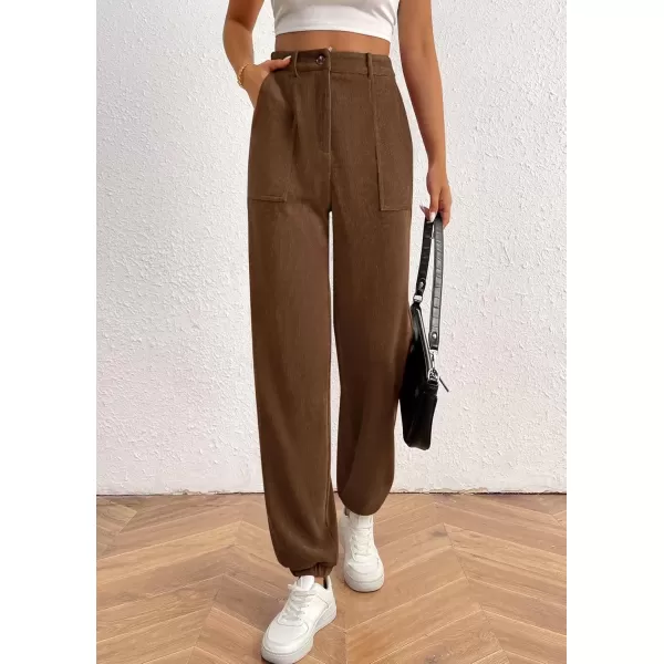 imagePRETTYGARDEN Womens Dressy Casual Pants Elastic High Waisted Work Office Corduroy Trouser Slacks with PocketsBrown