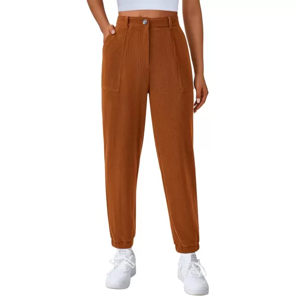 imagePRETTYGARDEN Womens Dressy Casual Pants Elastic High Waisted Work Office Corduroy Trouser Slacks with PocketsBrown Yellow