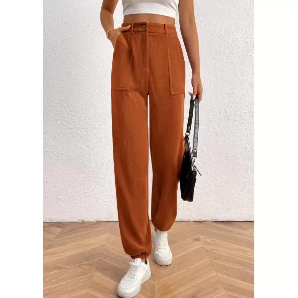 imagePRETTYGARDEN Womens Dressy Casual Pants Elastic High Waisted Work Office Corduroy Trouser Slacks with PocketsBrown Yellow