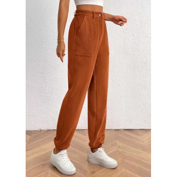 imagePRETTYGARDEN Womens Dressy Casual Pants Elastic High Waisted Work Office Corduroy Trouser Slacks with PocketsBrown Yellow