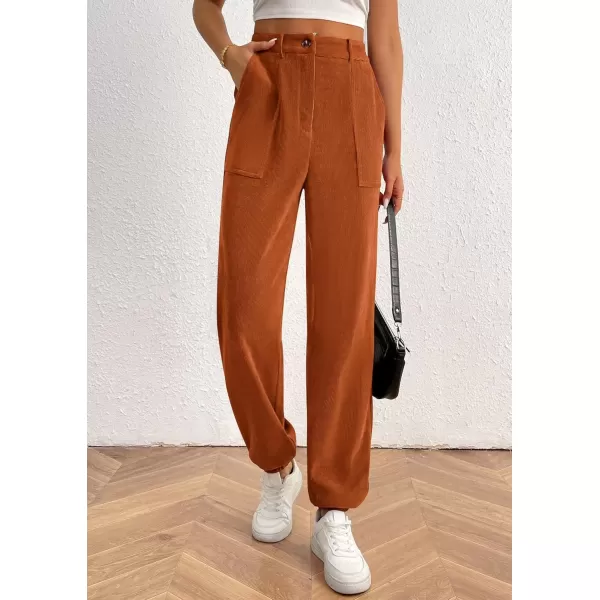 imagePRETTYGARDEN Womens Dressy Casual Pants Elastic High Waisted Work Office Corduroy Trouser Slacks with PocketsBrown Yellow
