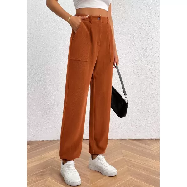imagePRETTYGARDEN Womens Dressy Casual Pants Elastic High Waisted Work Office Corduroy Trouser Slacks with PocketsBrown Yellow