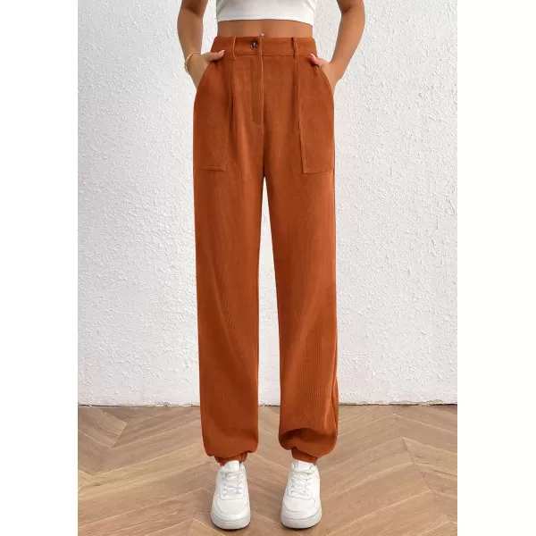 imagePRETTYGARDEN Womens Dressy Casual Pants Elastic High Waisted Work Office Corduroy Trouser Slacks with PocketsBrown Yellow