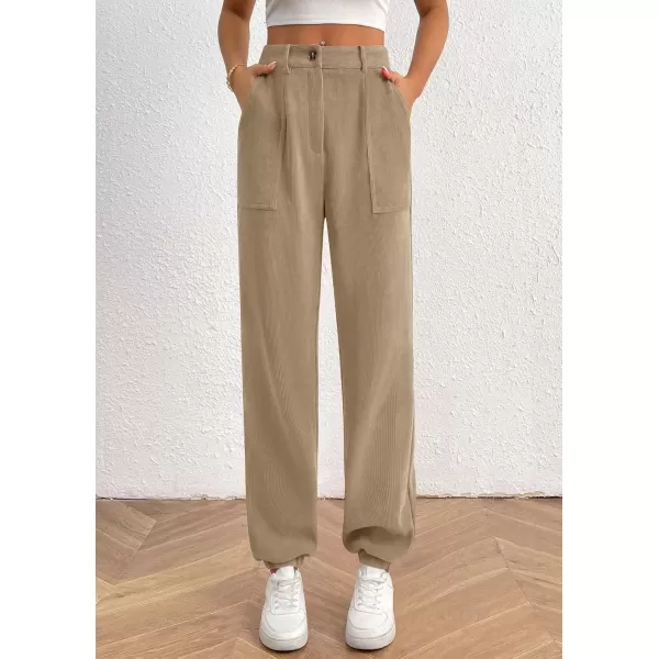 imagePRETTYGARDEN Womens Dressy Casual Pants Elastic High Waisted Work Office Corduroy Trouser Slacks with PocketsLight Khaki