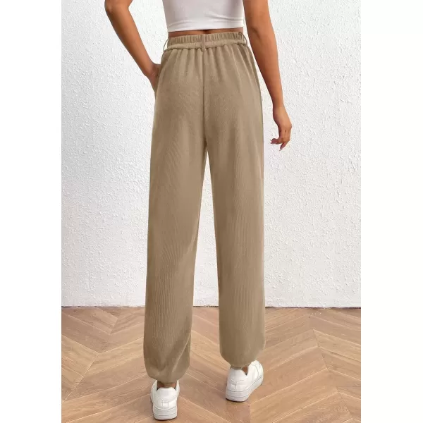 imagePRETTYGARDEN Womens Dressy Casual Pants Elastic High Waisted Work Office Corduroy Trouser Slacks with PocketsLight Khaki