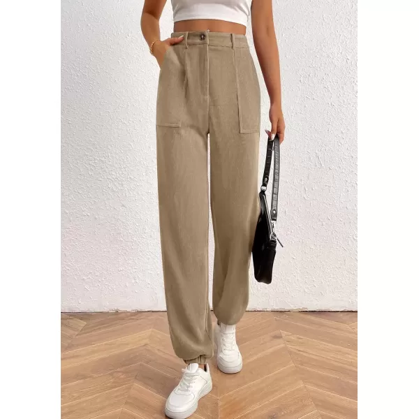 imagePRETTYGARDEN Womens Dressy Casual Pants Elastic High Waisted Work Office Corduroy Trouser Slacks with PocketsLight Khaki