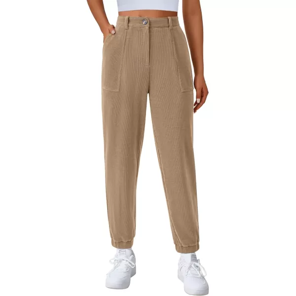 imagePRETTYGARDEN Womens Dressy Casual Pants Elastic High Waisted Work Office Corduroy Trouser Slacks with PocketsLight Khaki