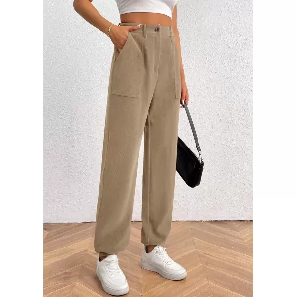 imagePRETTYGARDEN Womens Dressy Casual Pants Elastic High Waisted Work Office Corduroy Trouser Slacks with PocketsLight Khaki