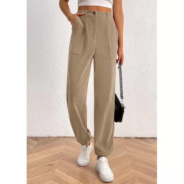 imagePRETTYGARDEN Womens Dressy Casual Pants Elastic High Waisted Work Office Corduroy Trouser Slacks with PocketsLight Khaki