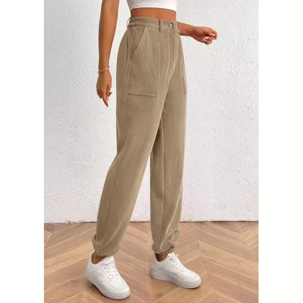 imagePRETTYGARDEN Womens Dressy Casual Pants Elastic High Waisted Work Office Corduroy Trouser Slacks with PocketsLight Khaki