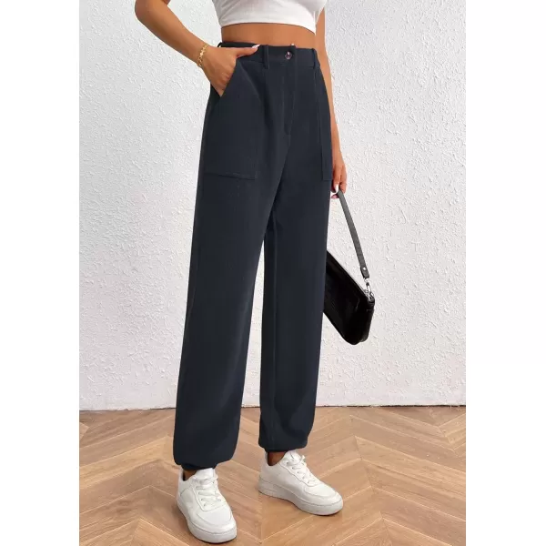 imagePRETTYGARDEN Womens Dressy Casual Pants Elastic High Waisted Work Office Corduroy Trouser Slacks with PocketsNavy